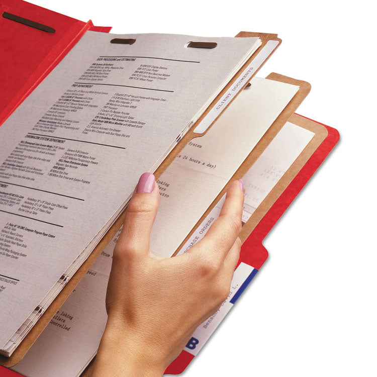 Smead™ Eight-Section Pressboard Top Tab Classification Folders, 8 SafeSHIELD Fasteners, 3 Dividers, Legal Size, Bright Red, 10/Box (SMD19095)