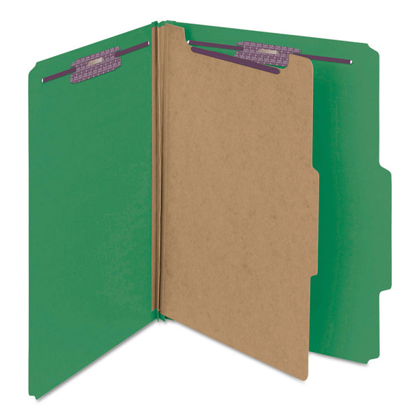 Smead™ Four-Section Pressboard Top Tab Classification Folders, Four SafeSHIELD Fasteners, 1 Divider, Letter Size, Green, 10/Box (SMD13733)