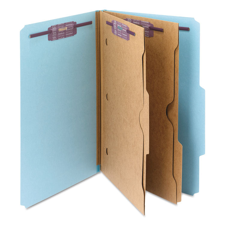 Smead™ 6-Section Pressboard Top Tab Pocket Classification Folders, 6 SafeSHIELD Fasteners, 2 Dividers, Legal Size, Blue, 10/Box (SMD19081)