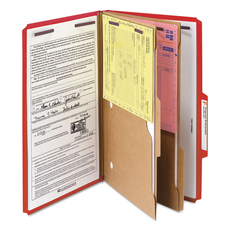 Smead™ 6-Section Pressboard Top Tab Pocket Classification Folders, 6 SafeSHIELD Fasteners, 2 Dividers, Legal Size, Bright Red, 10/BX (SMD19082)