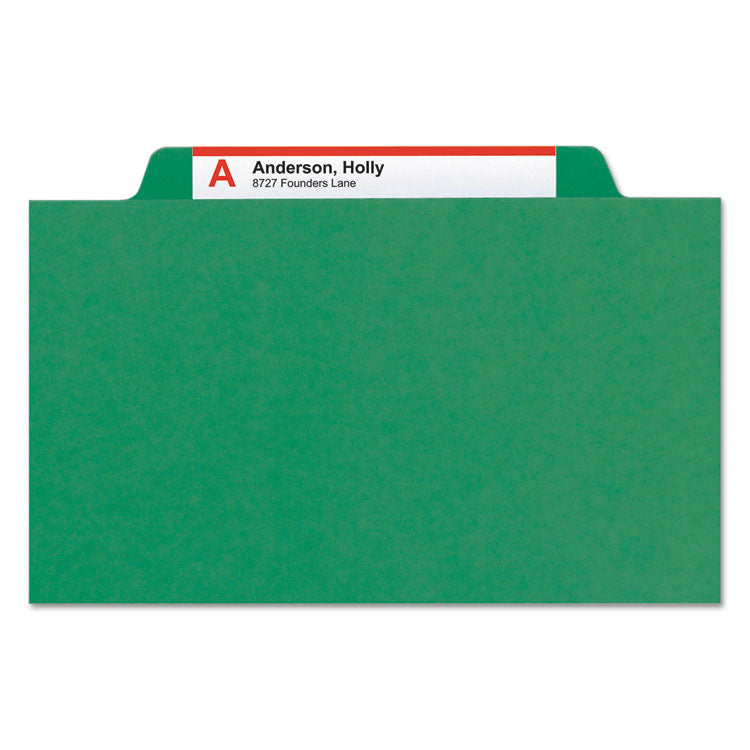 Smead™ Four-Section Pressboard Top Tab Classification Folders, Four SafeSHIELD Fasteners, 1 Divider, Letter Size, Green, 10/Box (SMD13733)