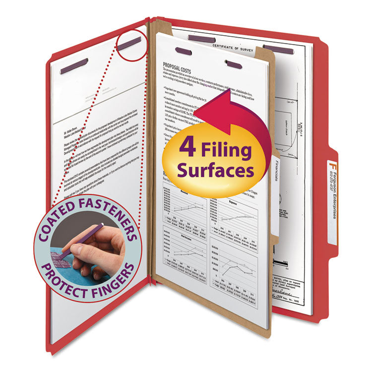Smead™ Four-Section Pressboard Top Tab Classification Folders, Four SafeSHIELD Fasteners, 1 Divider, Legal Size, Bright Red, 10/Box (SMD18731)