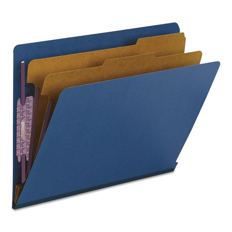 Smead™ End Tab Pressboard Classification Folders, Six SafeSHIELD Fasteners, 2" Expansion, 2 Dividers, Letter Size, Dark Blue, 10/Box (SMD26784)