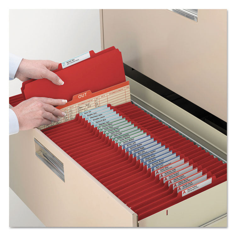 Smead™ Four-Section Pressboard Top Tab Classification Folders, Four SafeSHIELD Fasteners, 1 Divider, Letter Size, Bright Red, 10/Box (SMD13731)