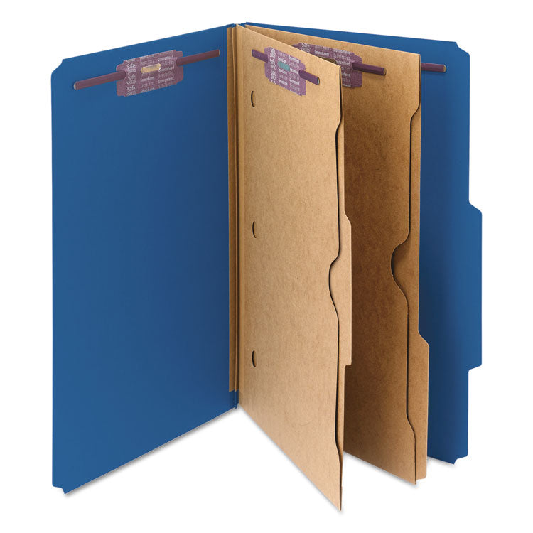 Smead™ 6-Section Pressboard Top Tab Pocket Classification Folders, 6 SafeSHIELD Fasteners, 2 Dividers, Legal Size, Dark Blue, 10/Box (SMD19077)