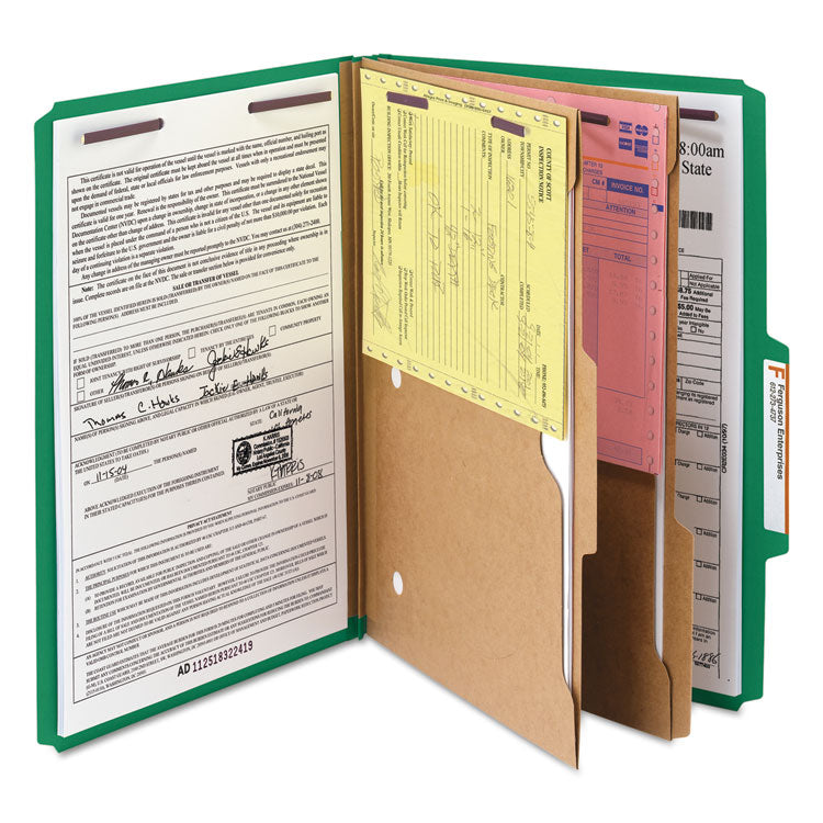 Smead™ 6-Section Pressboard Top Tab Pocket Classification Folders, 6 SafeSHIELD Fasteners, 2 Dividers, Legal Size, Green, 10/Box (SMD19083)