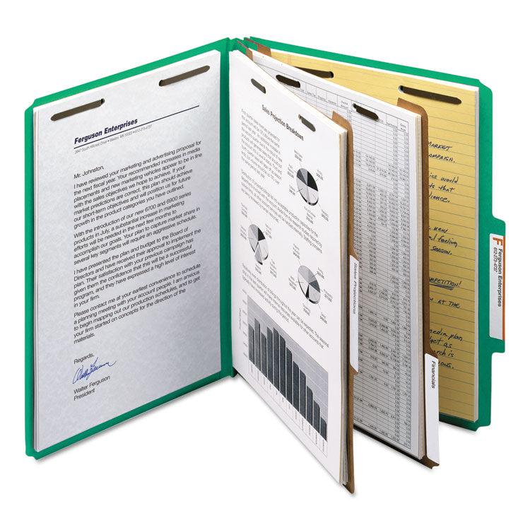 Smead™ Recycled Pressboard Classification Folders, 2" Expansion, 2 Dividers, 6 Fasteners, Letter Size, Green Exterior, 10/Box (SMD14063)