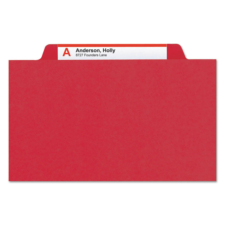 Smead™ 6-Section Pressboard Top Tab Pocket Classification Folders, 6 SafeSHIELD Fasteners, 2 Dividers, Legal Size, Bright Red, 10/BX (SMD19082)