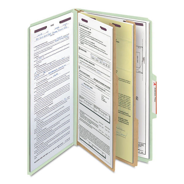 Smead™ Pressboard Classification Folders, Six SafeSHIELD Fasteners, 2/5-Cut Tabs, 2 Dividers, Legal Size, Gray-Green, 10/Box (SMD19076)