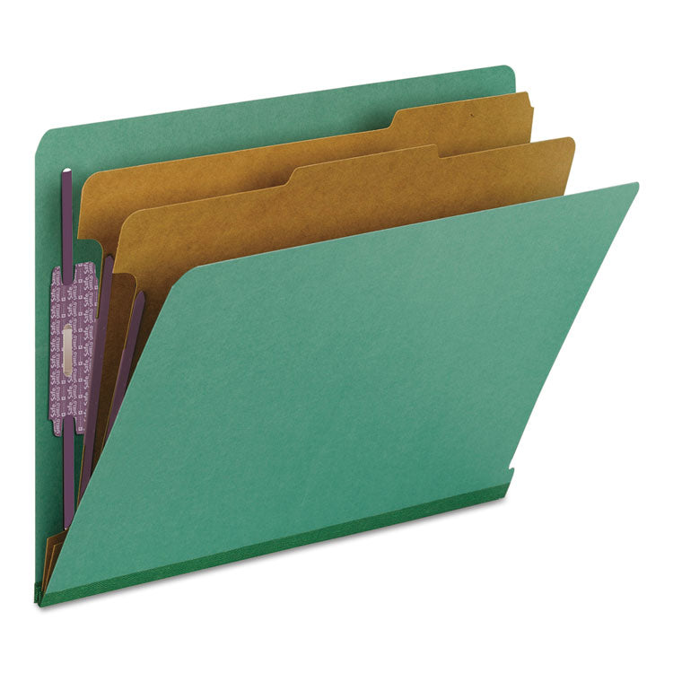 Smead™ End Tab Pressboard Classification Folders, Six SafeSHIELD Fasteners, 2" Expansion, 2 Dividers, Letter Size, Green, 10/Box (SMD26785)