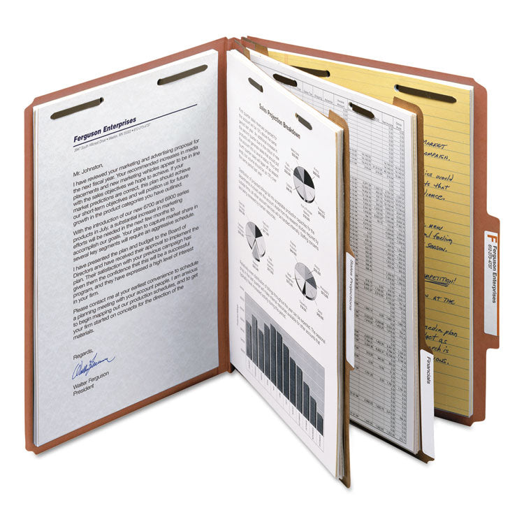 Smead™ Recycled Pressboard Classification Folders, 2" Expansion, 2 Dividers, 6 Fasteners, Letter Size, Red Exterior, 10/Box (SMD14024)