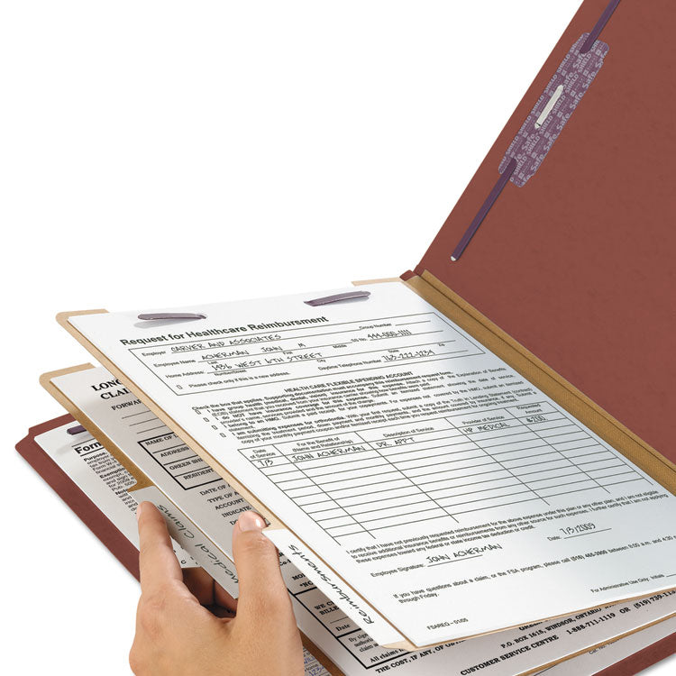 Smead™ Pressboard Classification Folders, Six SafeSHIELD Fasteners, 1/3-Cut Tabs, 2 Dividers, Legal Size, Red, 10/Box (SMD19230)