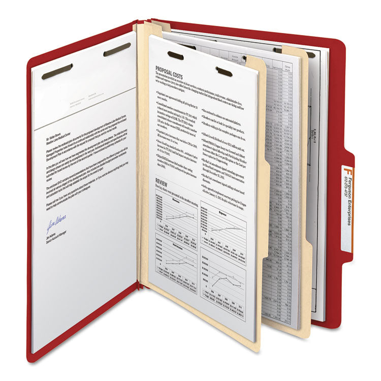 Smead™ Top Tab Classification Folders, Six SafeSHIELD Fasteners, 2" Expansion, 2 Dividers, Letter Size, Red Exterior, 10/Box (SMD14003)