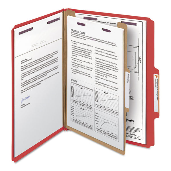 Smead™ Four-Section Pressboard Top Tab Classification Folders, Four SafeSHIELD Fasteners, 1 Divider, Letter Size, Bright Red, 10/Box (SMD13731)