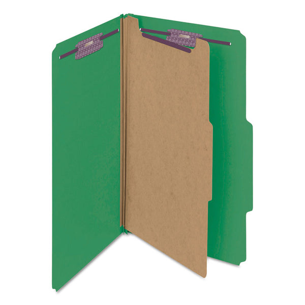 Smead™ Four-Section Pressboard Top Tab Classification Folders, Four SafeSHIELD Fasteners, 1 Divider, Legal Size, Green, 10/Box (SMD18733)