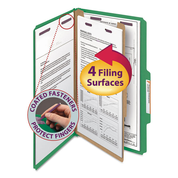 Smead™ Four-Section Pressboard Top Tab Classification Folders, Four SafeSHIELD Fasteners, 1 Divider, Legal Size, Green, 10/Box (SMD18733)