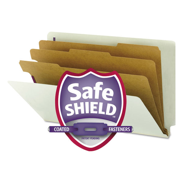 Smead™ End Tab Pressboard Classification Folders, Eight SafeSHIELD Fasteners, 3" Expansion, 3 Dividers, Legal Size, Gray-Green,10/BX (SMD29820)
