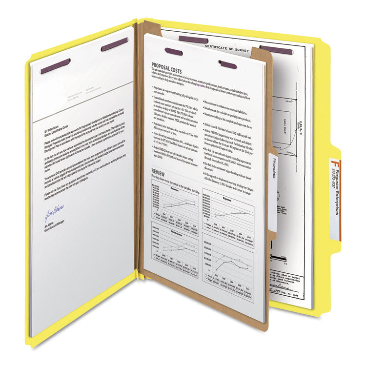 Smead™ Four-Section Pressboard Top Tab Classification Folders, Four SafeSHIELD Fasteners, 1 Divider, Letter Size, Yellow, 10/Box (SMD13734) Each