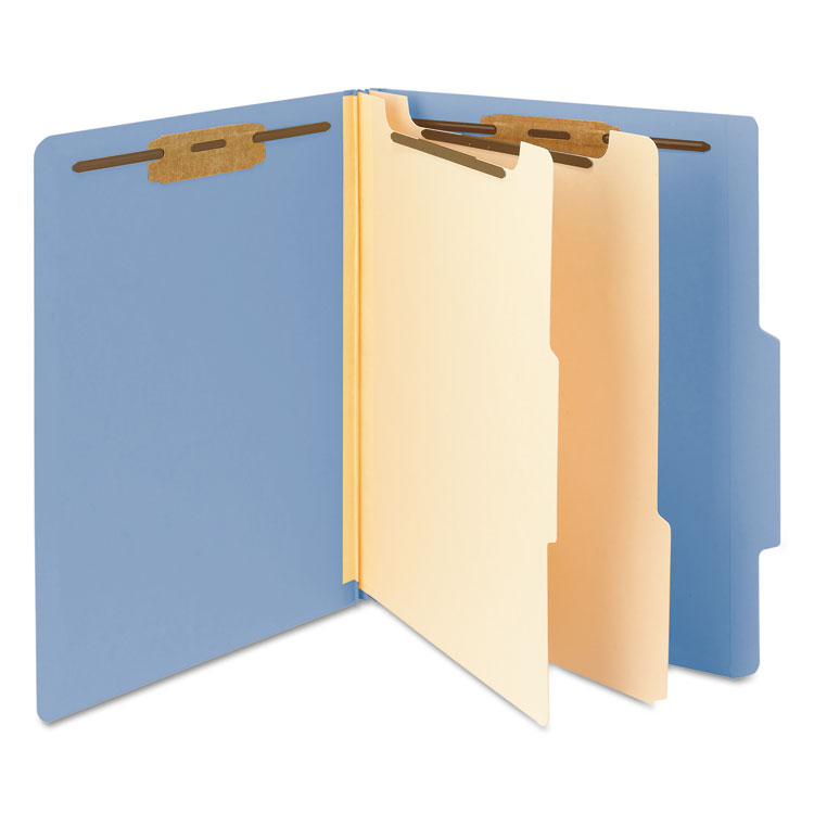 Smead™ Top Tab Classification Folders, Six SafeSHIELD Fasteners, 2" Expansion, 2 Dividers, Letter Size, Blue Exterior, 10/Box (SMD14001)