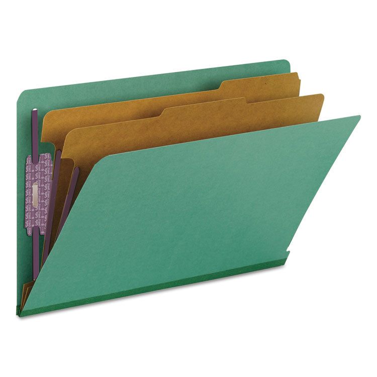 Smead™ End Tab Pressboard Classification Folders, Six SafeSHIELD Fasteners, 2" Expansion, 2 Dividers, Legal Size, Green, 10/Box (SMD29785)