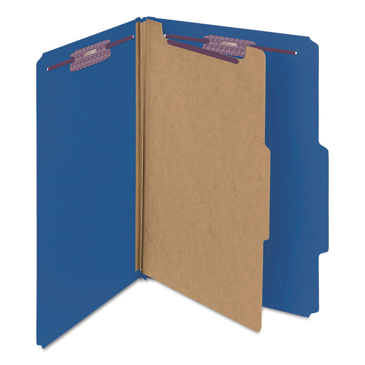 Smead™ Four-Section Pressboard Top Tab Classification Folders, Four SafeSHIELD Fasteners, 1 Divider, Legal Size, Dark Blue, 10/Box (SMD18732)