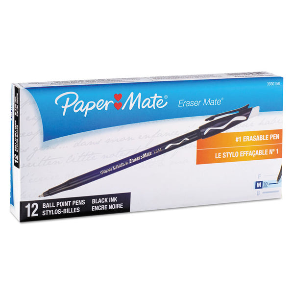 Paper Mate® Eraser Mate Ballpoint Pen, Stick, Medium 1 mm, Black Ink, Black Barrel, Dozen (PAP3930158)