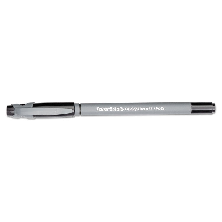 Paper Mate® FlexGrip Ultra Recycled Ballpoint Pen, Stick, Fine 0.8 mm, Black Ink, Gray Barrel, Dozen (PAP9680131)