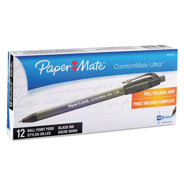 Paper Mate® ComfortMate Ultra Ballpoint Pen, Retractable, Medium 1 mm, Black Ink, Black Barrel, Dozen (PAP6330187)