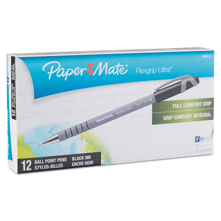 Paper Mate® FlexGrip Ultra Recycled Ballpoint Pen, Stick, Fine 0.8 mm, Black Ink, Gray Barrel, Dozen (PAP9680131)