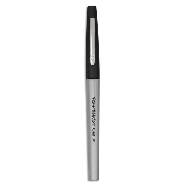 Paper Mate® Flair Felt Tip Porous Point Pen, Stick, Extra-Fine 0.4 mm, Black Ink, Gray/Black Barrel, Dozen (PAP8330152)