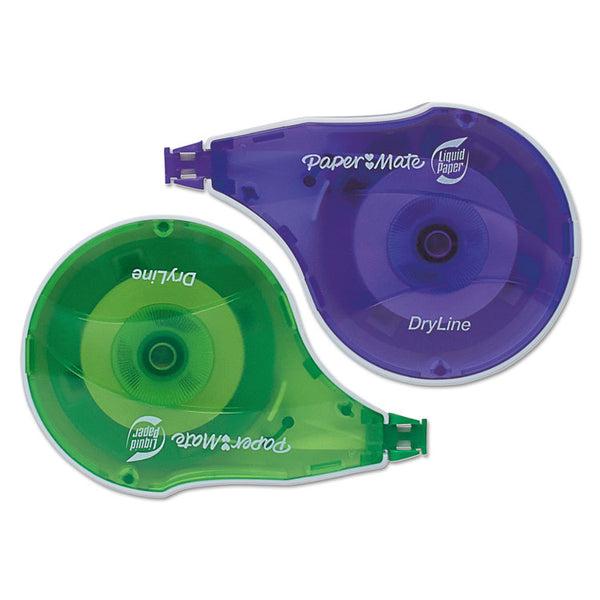 Paper Mate® Liquid Paper® DryLine Correction Tape, Non-Refillable, Green/Purple Applicators, 0.17" x 472", 10/Pack (PAP6137406)
