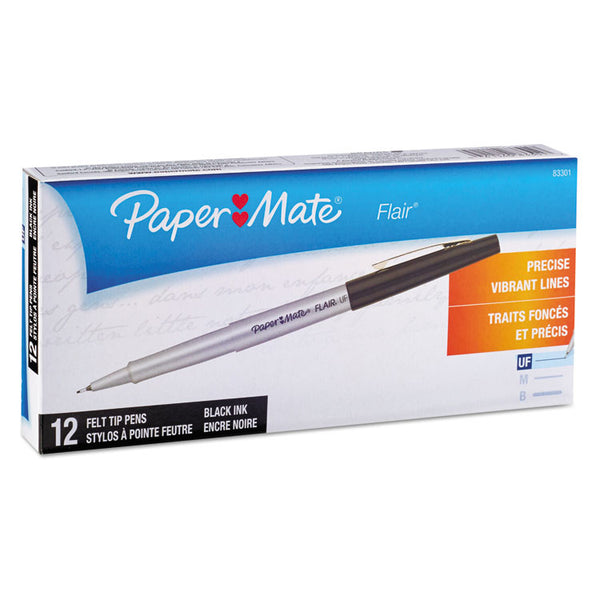 Paper Mate® Flair Felt Tip Porous Point Pen, Stick, Extra-Fine 0.4 mm, Black Ink, Gray/Black Barrel, Dozen (PAP8330152)