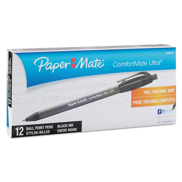 Paper Mate® ComfortMate Ultra Ballpoint Pen, Retractable, Fine 0.8 mm, Black Ink, Black Barrel, Dozen (PAP6380187)