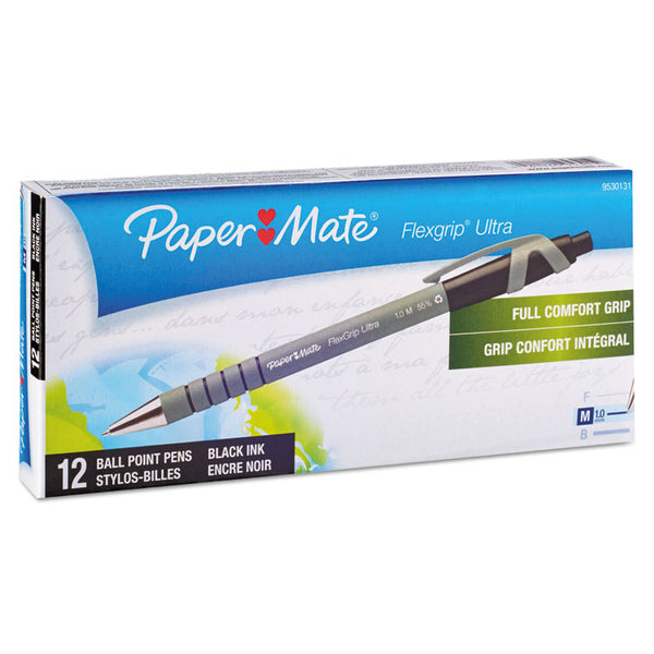 Paper Mate® FlexGrip Ultra Recycled Ballpoint Pen, Retractable, Medium 1 mm, Black Ink, Black/Gray Barrel, Dozen (PAP9530131)