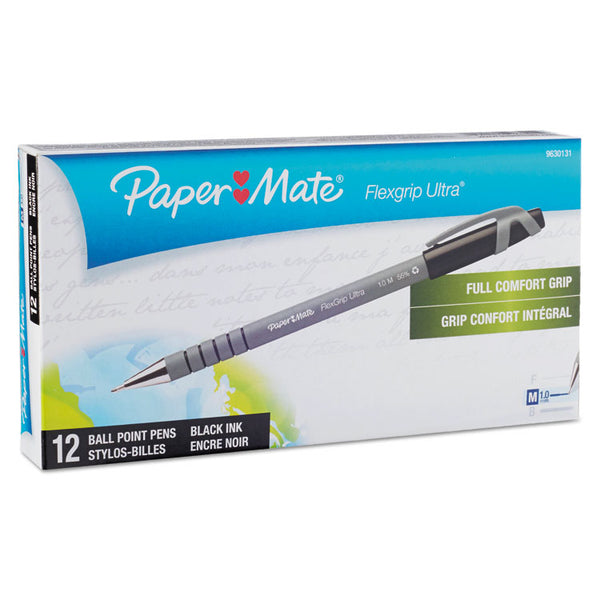 Paper Mate® FlexGrip Ultra Recycled Ballpoint Pen, Stick, Medium 1 mm, Black Ink, Gray Barrel, Dozen (PAP9630131)