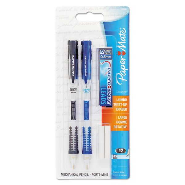 Paper Mate® Clear Point Mechanical Pencils with Tube of Lead/Erasers, 0.5 mm, HB(#2), Black Lead, Randomly Assorted Barrel Colors, 2/Pack (PAP34666PP)