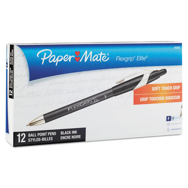 Paper Mate® FlexGrip Elite Ballpoint Pen, Retractable, Fine 0.8 mm, Black Ink, Black Barrel, Dozen (PAP85582)