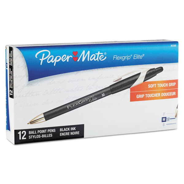 Paper Mate® FlexGrip Elite Ballpoint Pen, Retractable, Medium 1 mm, Black Ink, Black Barrel, Dozen (PAP85580)