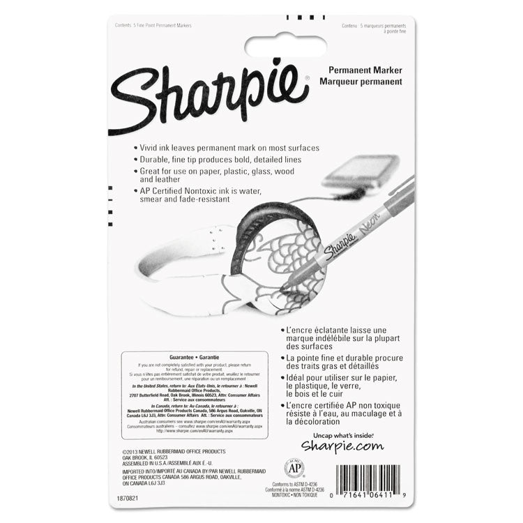 Sharpie® Neon Permanent Markers, Fine Bullet Tip, Assorted Colors, 5/Pack (SAN1860443) Pack of 5