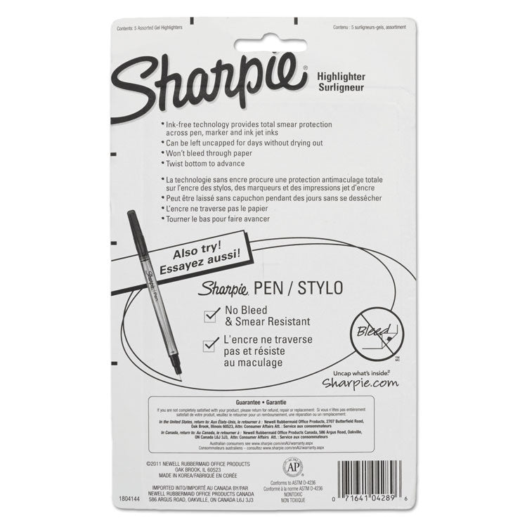 Sharpie® Gel Highlighters, Assorted Ink Colors, Bullet Tip, Assorted Barrel Colors, 5/Set (SAN1803277) 1 Set