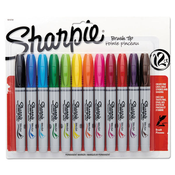 Sharpie Brush Tip Permanent Marker, Medium, Assorted Colors, 12/Set (SAN1810704) Pack of 12