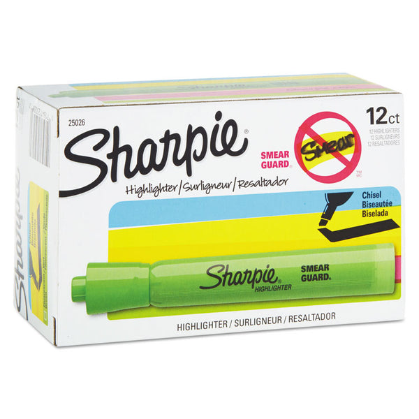 Sharpie® Tank Style Highlighters, Fluorescent Green Ink, Chisel Tip, Green Barrel, Dozen (SAN25026)