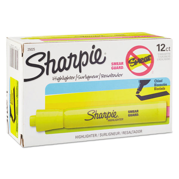 Sharpie® Tank Style Highlighters, Fluorescent Yellow Ink, Chisel Tip, Yellow Barrel, Dozen (SAN25025)