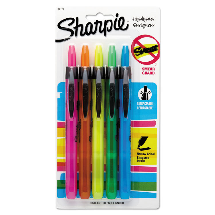 Sharpie® Retractable Highlighters, Assorted Ink Colors, Chisel Tip, Assorted Barrel Colors, 5/Set (SAN28175PP) Set of 5