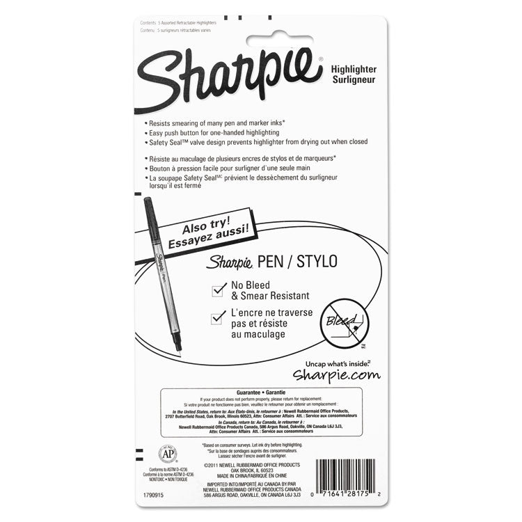 Sharpie® Retractable Highlighters, Assorted Ink Colors, Chisel Tip, Assorted Barrel Colors, 5/Set (SAN28175PP) Set of 5