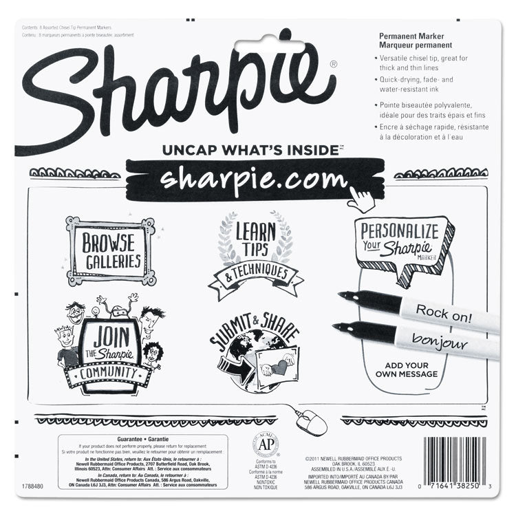 Sharpie® Chisel Tip Permanent Marker, Medium Chisel Tip, Assorted Colors, 8/Set (SAN38250PP)