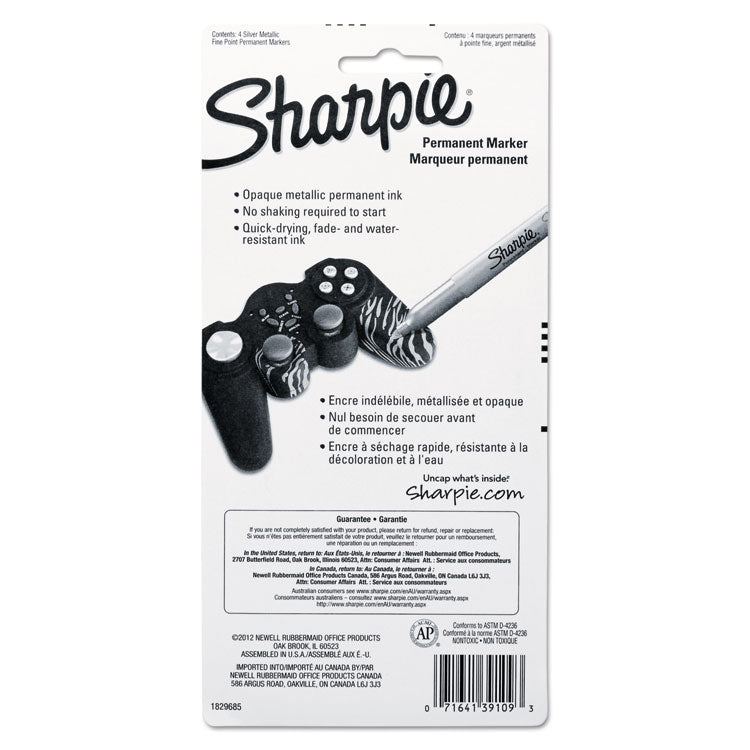 Sharpie® Metallic Fine Point Permanent Markers, Fine Bullet Tip, Metallic Silver, 4/Pack (SAN39109PP) Pack of 4