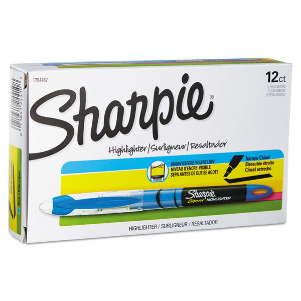 Sharpie® Liquid Pen Style Highlighters, Fluorescent Blue Ink, Chisel Tip, Blue/Black/Clear Barrel, Dozen (SAN1754467)