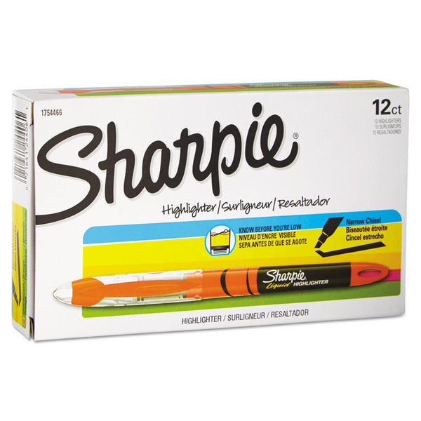 Sharpie® Liquid Pen Style Highlighters, Fluorescent Orange Ink, Chisel Tip, Orange/Black/Clear Barrel, Dozen (SAN1754466)