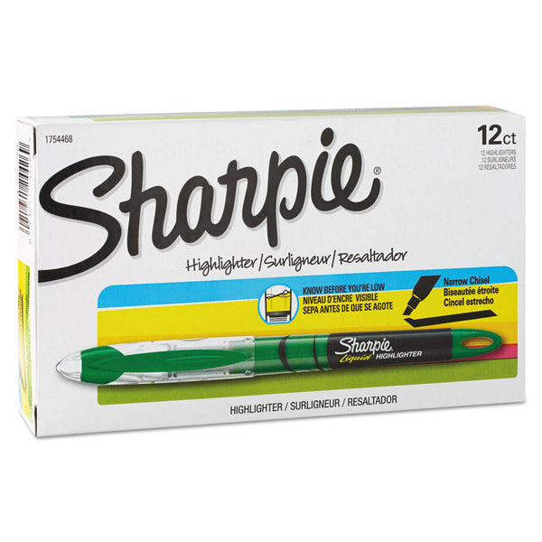 Sharpie® Liquid Pen Style Highlighters, Fluorescent Green Ink, Chisel Tip, Green/Black/Clear Barrel, Dozen (SAN1754468)